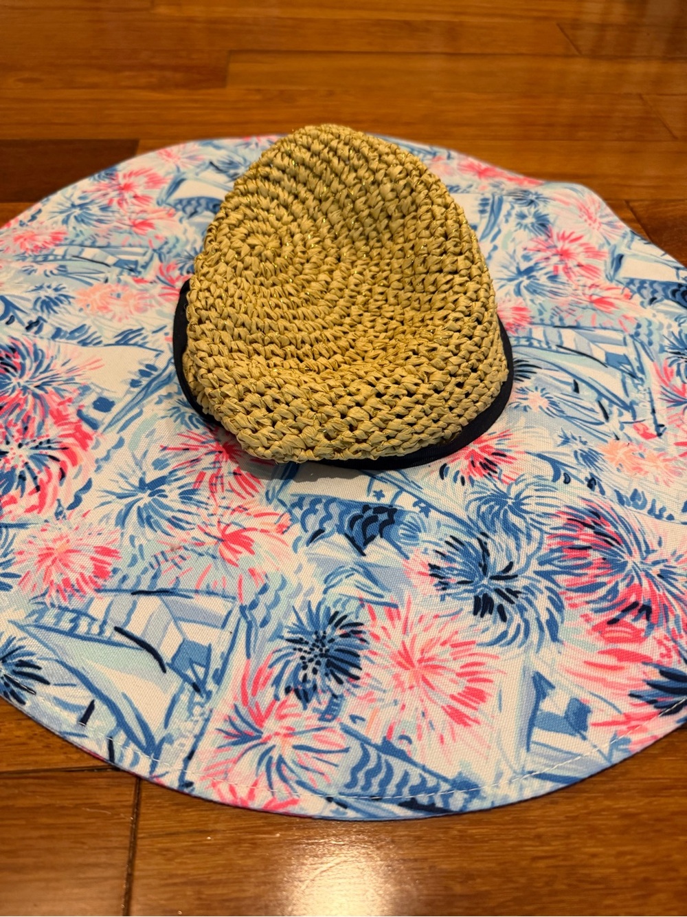 Lilly Pulitzer Straw Top Sun Hat with Blue and Pink Floral Brim